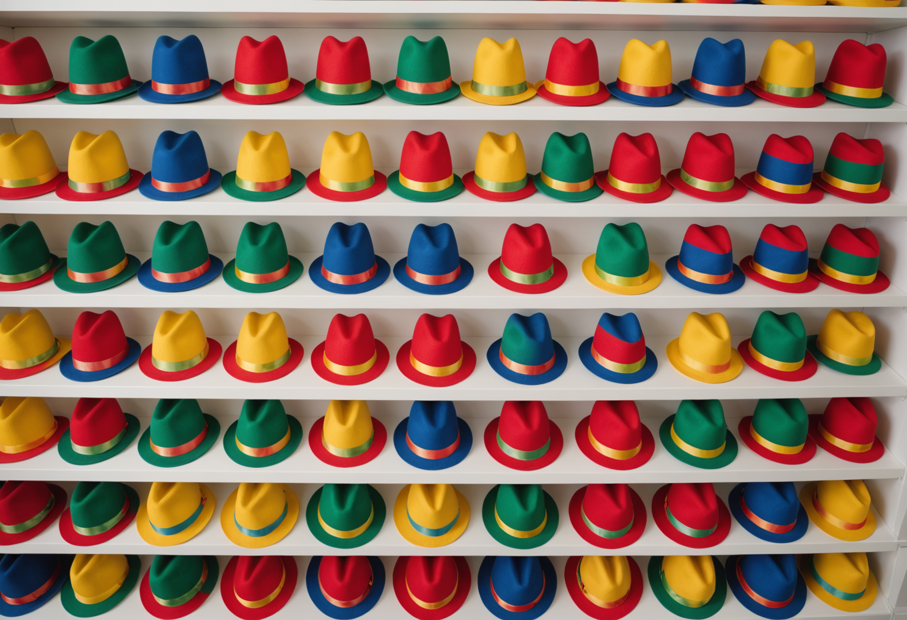 Rows of rainbow-striped and polka-dot clown hats on a retail display shelf