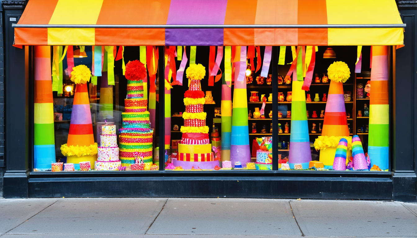 Festive retail storefront window dressed with clown hats and colorful party décor