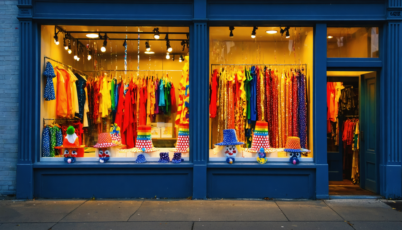 Festive retail storefront window dressed with clown hats, polka-dot fabric, and party décor
