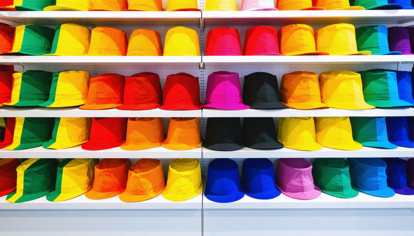Towering rainbow-striped clown hats stacked on a colorful retail display shelf