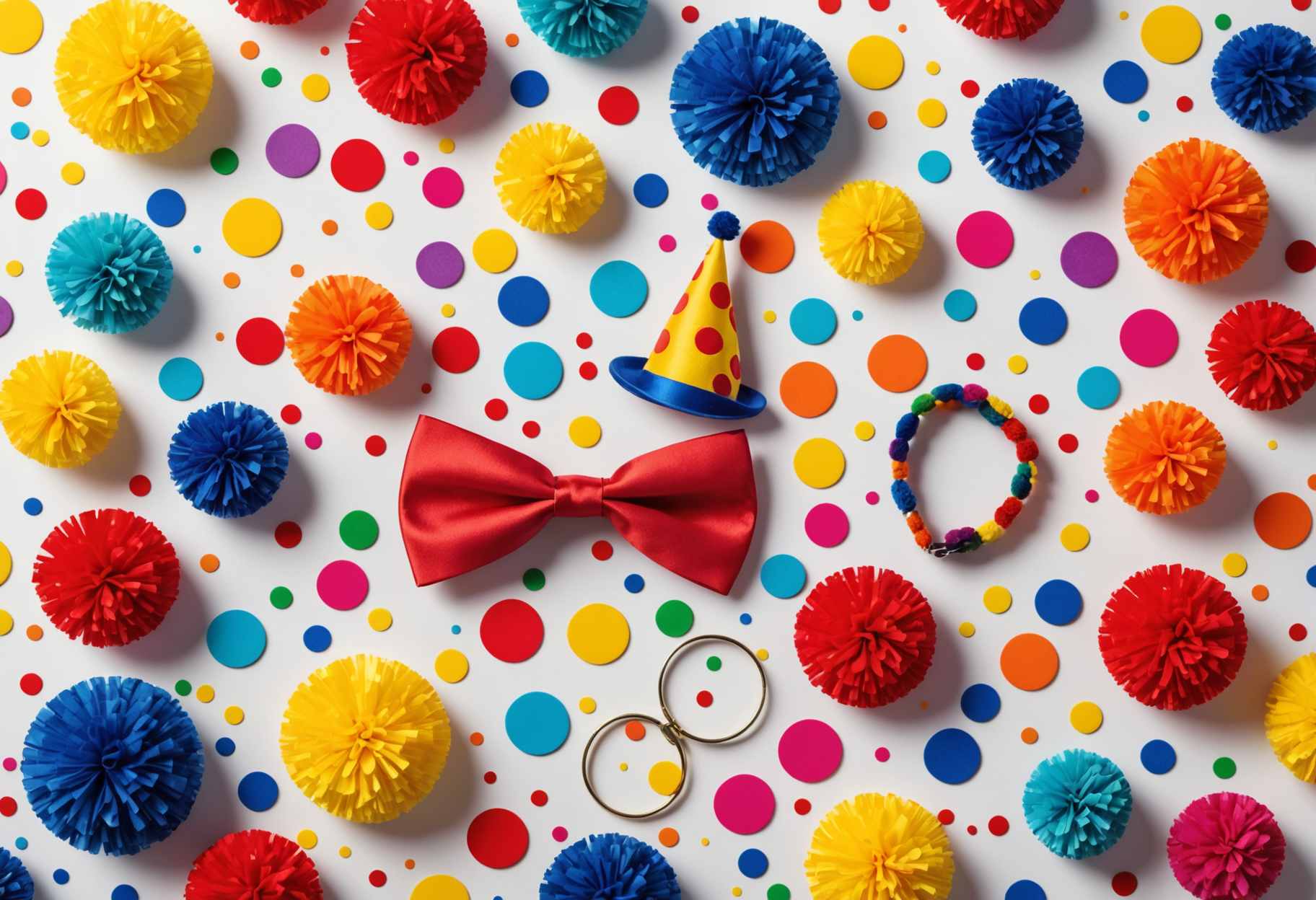 Flat-lay of assorted clown accessories on a confetti-covered white surface