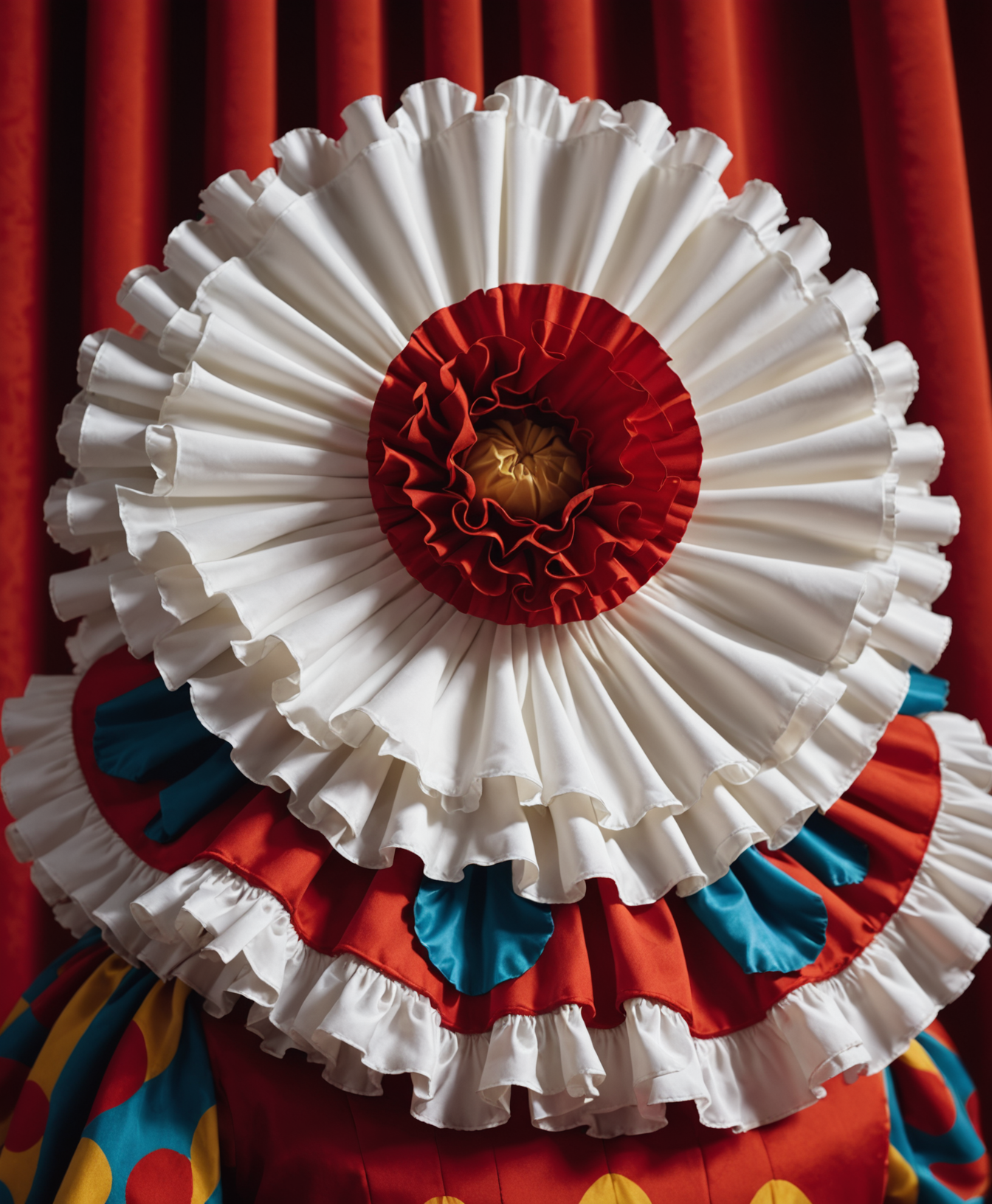 Close-up of a ruffled clown collar fanned open against a bold red background